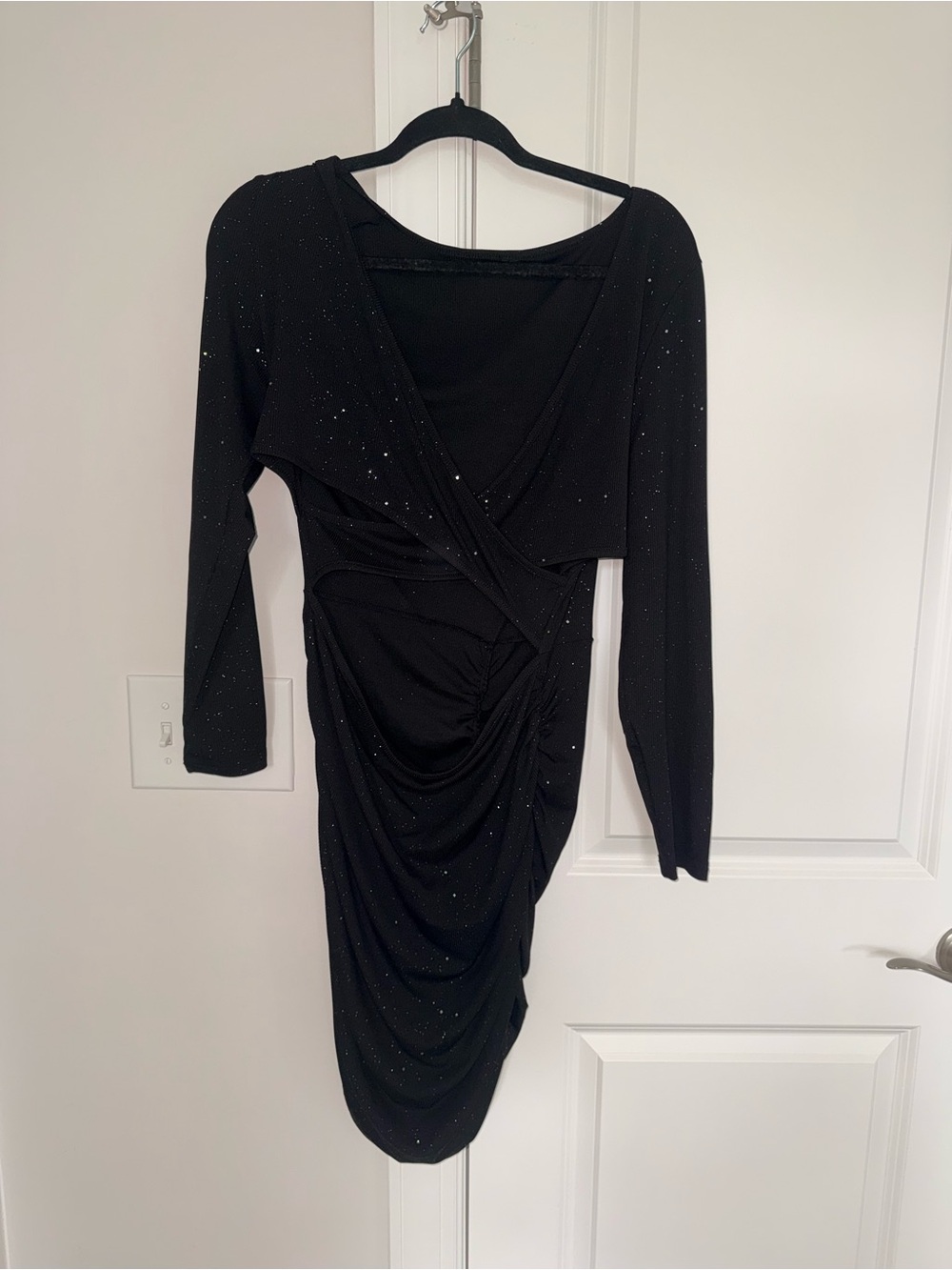 Amazon Black Sparkle Ruched Wrap-Front Long Sleeve Dress